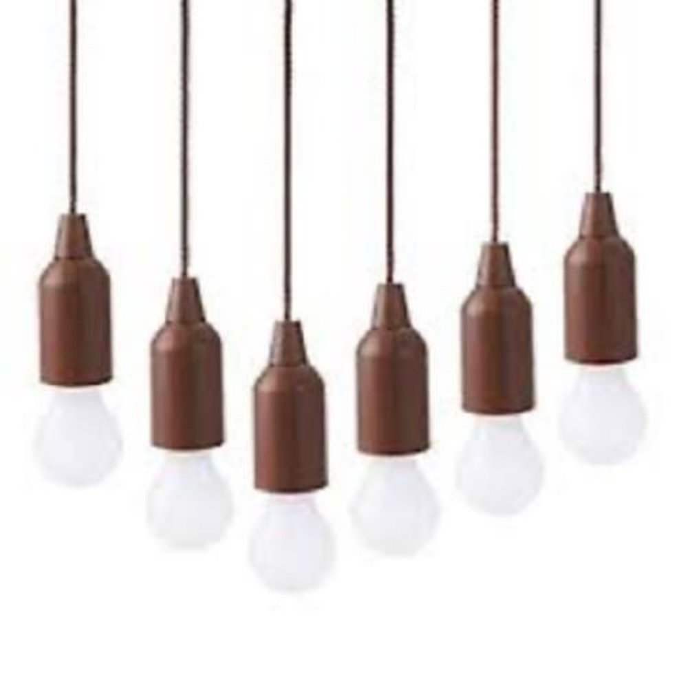 Hanging String LED Pull Lights 6-pack Indoor/Outdoor Remote Brown Wood Look